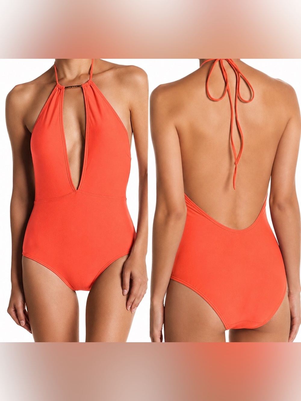 NWT - Ted Baker Deep Plunge Halter One Piece Swimsuit Coral Size 3 (US 8)